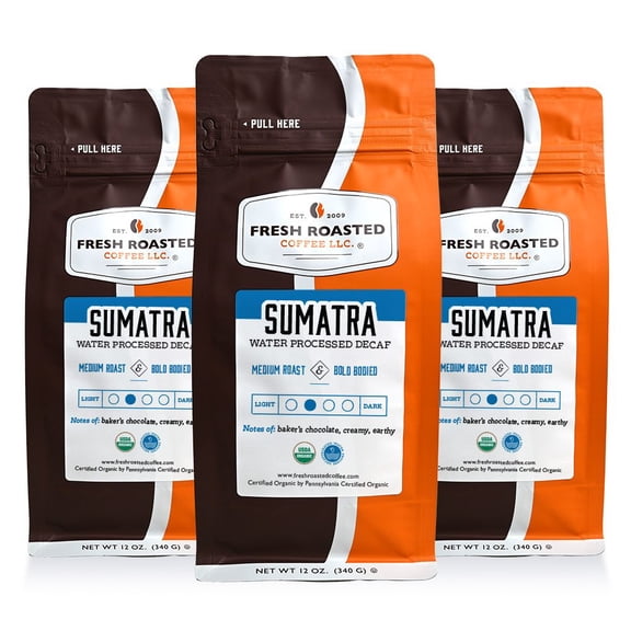 3 pack Fresh Roasted Coffee, Organic Sumatra Water-Processed Decaf Coffee, Medium Roast, Ground, 12 oz