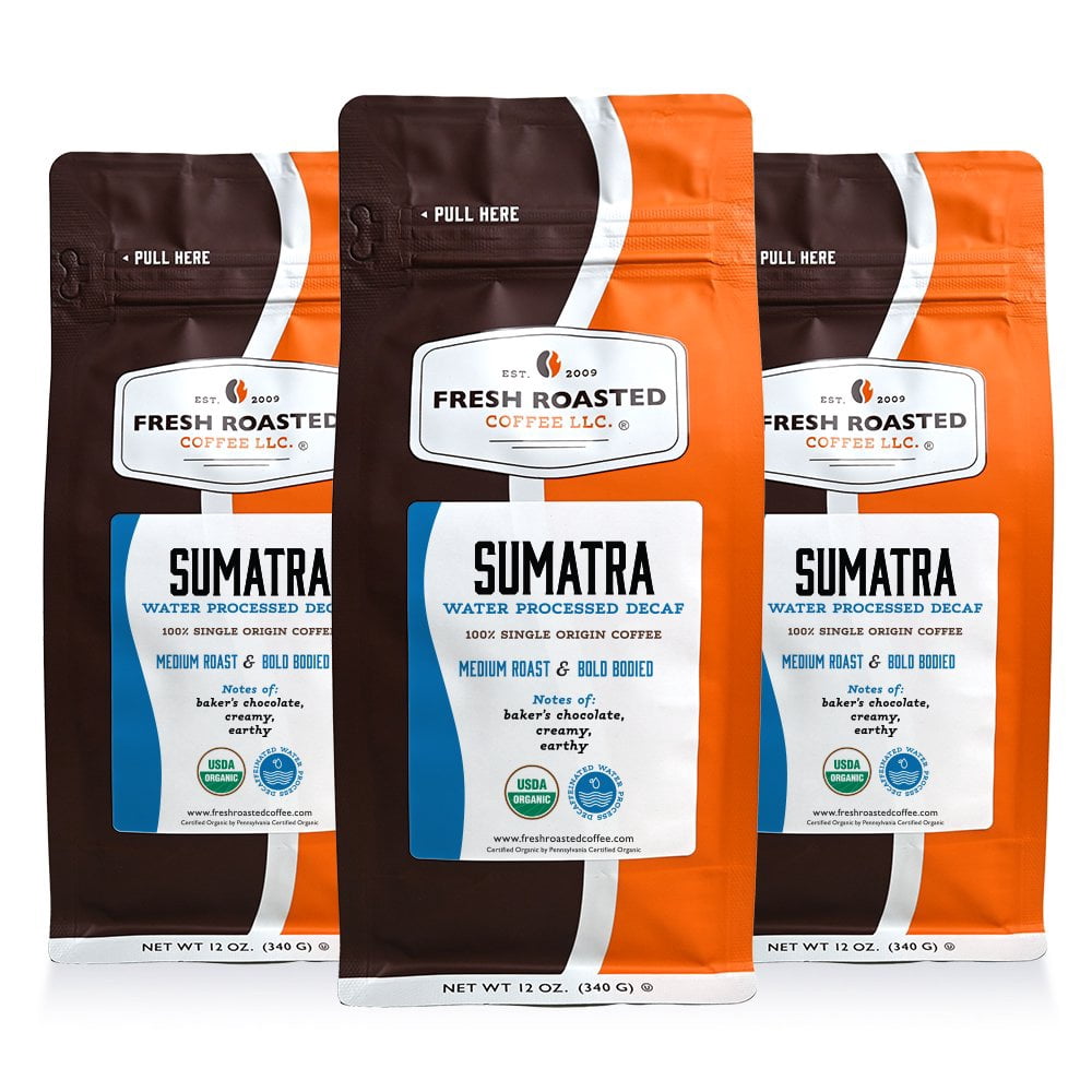 3 pack Fresh Roasted Coffee, Organic Sumatra Water-Processed Decaf Coffee, Medium Roast, Ground, 12 oz