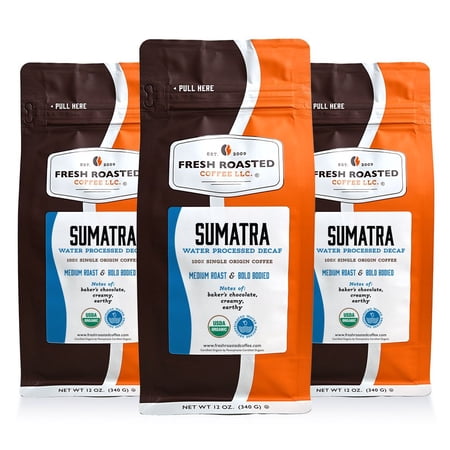 3 pack Fresh Roasted Coffee, Organic Sumatra Water-Processed Decaf Coffee, Medium Roast, Ground, 12 oz