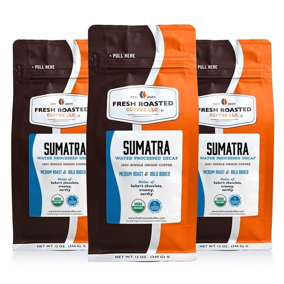 3 pack Fresh Roasted Coffee, Organic Sumatra Water-Processed Decaf Coffee, Medium Roast, Ground, 12 oz