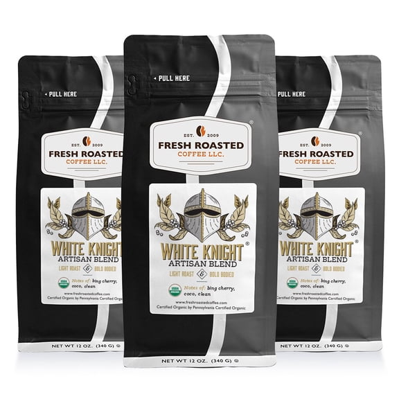 3 pack Fresh Roasted Coffee, Organic White Knight Blend Coffee, Light Roast, Whole Bean, 12 oz