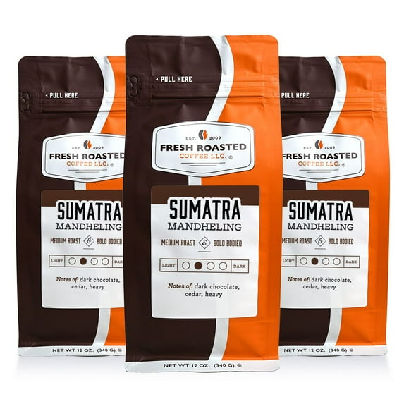 3 pack Fresh Roasted Coffee, Sumatra Mandheling Coffee, Medium Roast, Ground, 12 oz