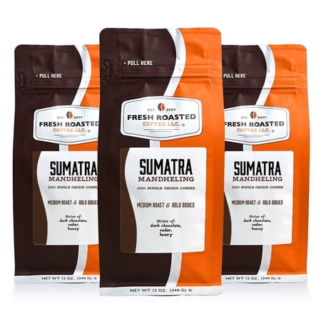3 pack Fresh Roasted Coffee, Sumatra Mandheling Coffee, Medium Roast, Whole Bean, 12 oz