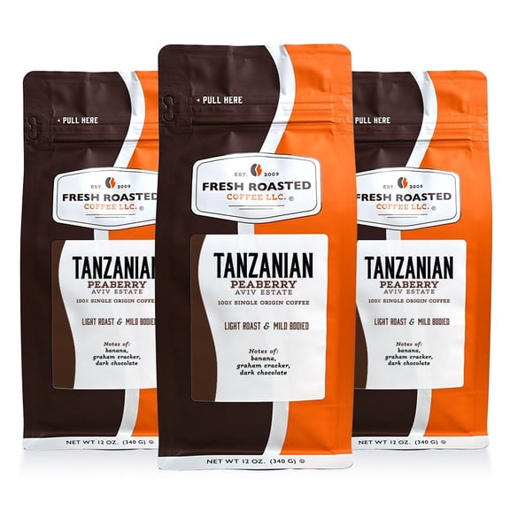 3 pack Fresh Roasted Coffee, Tanzanian Peaberry Coffee, Light Roast, Ground, 12 oz