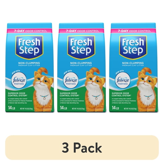 (3 pack) Fresh Step Non-Clumping Multi-Cat Premium Clay Cat Litter, Febreze Freshness Scent, 14 lb Bag