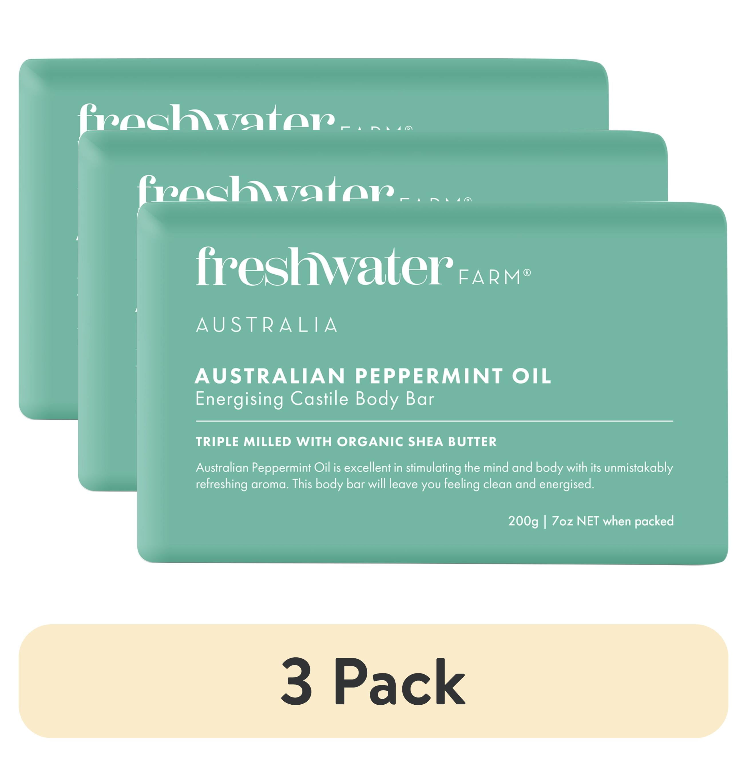 (3 pack) Freshwater Farm Australian Peppermint Energizing Castile Body Bar, Naturally Derived Bar Soap 7oz