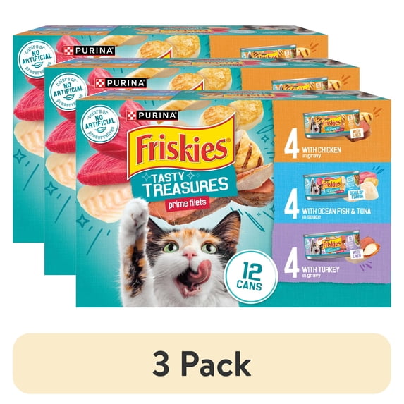 (3 pack) Friskies Gravy Tasty Treasures Prime Filets, Wet Cat Food, 12 Pack, 5.5 oz Cans