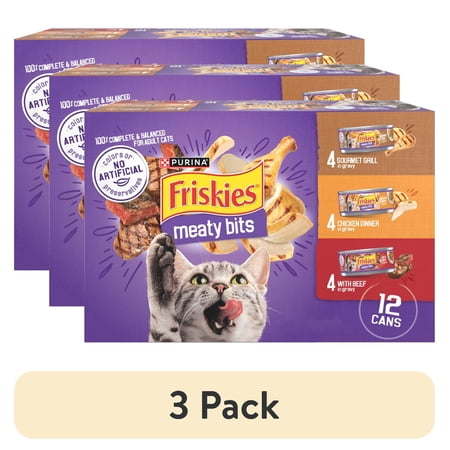 (3 pack) Purina Friskies Gourmet Grill, Chicken Dinner, & Beef Meaty Bits Wet Cat Food Variety Pack, 5.5 oz. Cans, 12 Pack