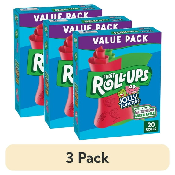 (3 pack) Fruit Roll-Ups Fruit Flavored Snacks, Jolly Rancher, Variety Pack, 20 ct
