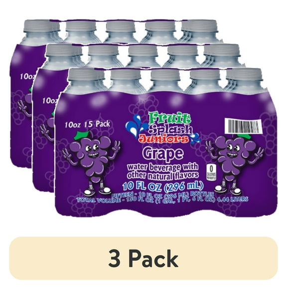 (3 pack) Fruit Splash Juniors, Water Bottles, Grape, 10 fl oz, 15 Pack Bottles