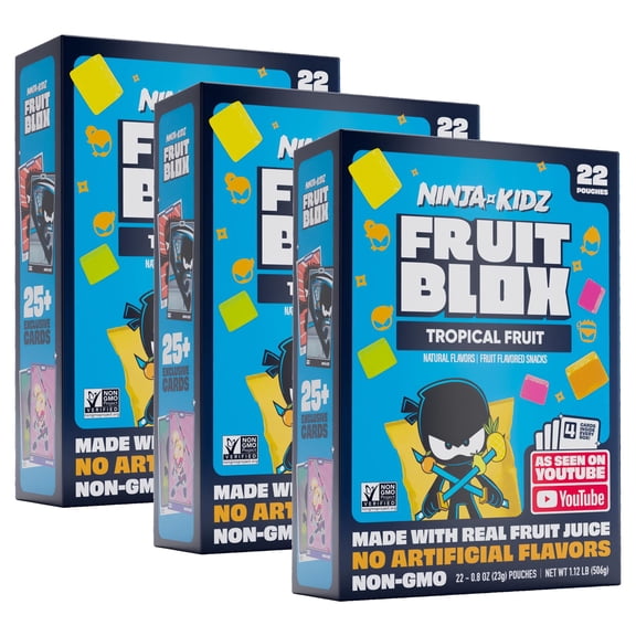 (3 pack) FruitBlox Ninja Kidz Tropical Fruit Snacks, 22 Count