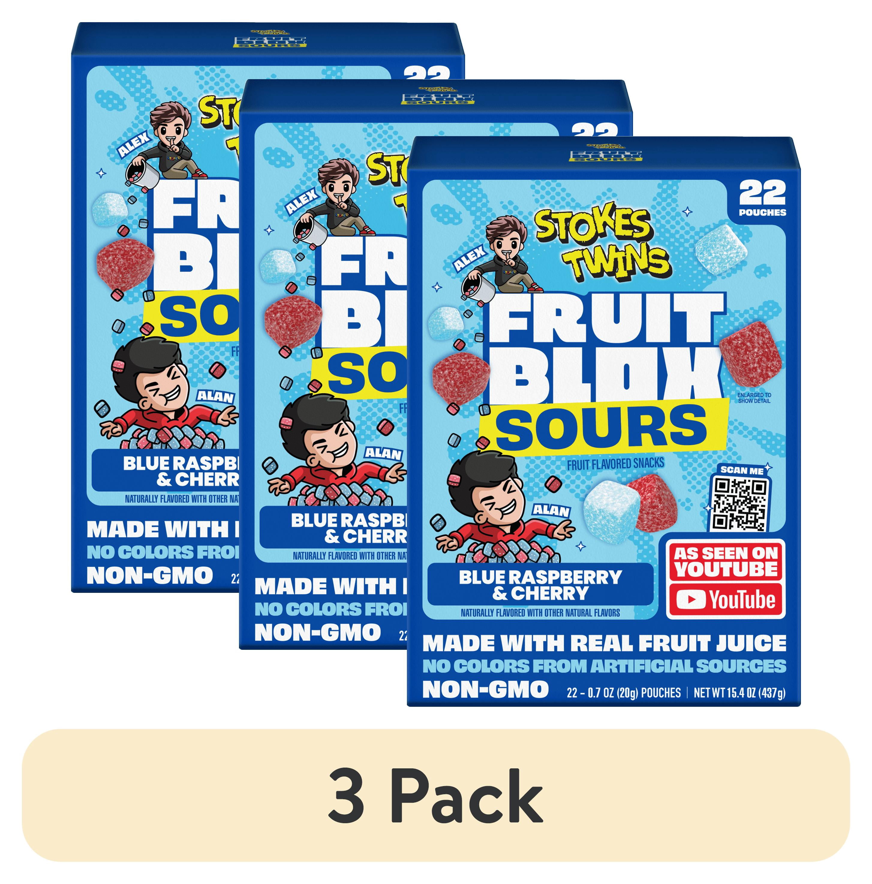 3 pack) FruitBlox Stokes Twins Sour Fruit Snacks, Blue Raspberry