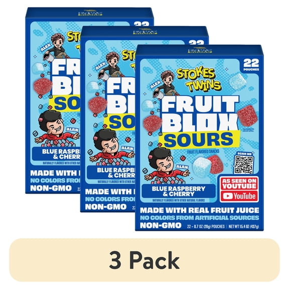 (3 pack) FruitBlox Stokes Twins Sour Fruit Snacks, Blue Raspberry and Cherry, 22 Count