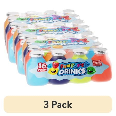 (3 pack) FunPops Kids Ready to Drink Variety Pack, Less than 1 g Sugar, 16 Count, 6 fl oz