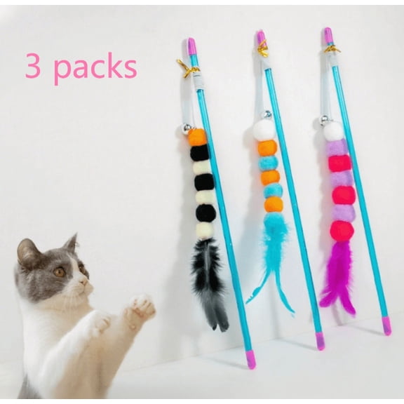 3-pack Funny Kitten Cat Teaser Interactive Toy Rod with Bell and Feather Toys for Cats Teaser Interactive Toy Rod Pet Cats Toys Stick