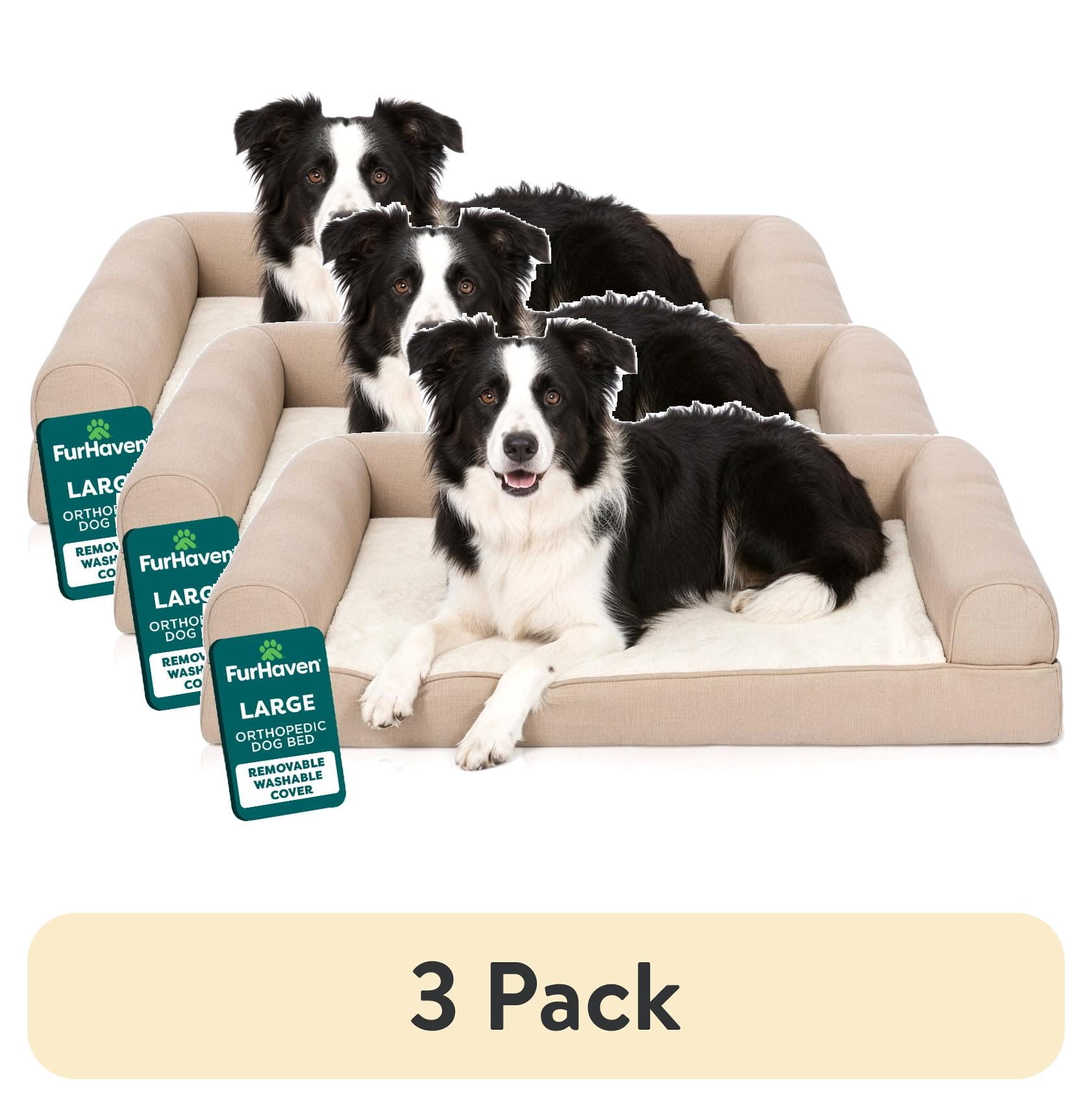 (3 pack) FurHaven Pet Products Large Plush & Performance Linen Orthopedic Sofa Dog Bed, Flax