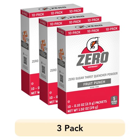 (3 pack) Gatorade G Zero Sports Drink Fruit Punch, Powdered Energy Drink Mix, 0.10 oz, 10 Count Packets