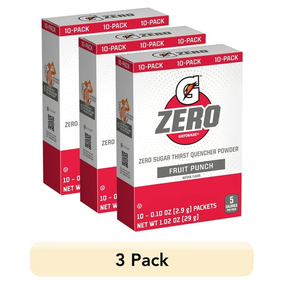 (3 pack) Gatorade G Zero Sports Drink Fruit Punch, Powdered Energy Drink Mix, 0.10 oz, 10 Count Packets