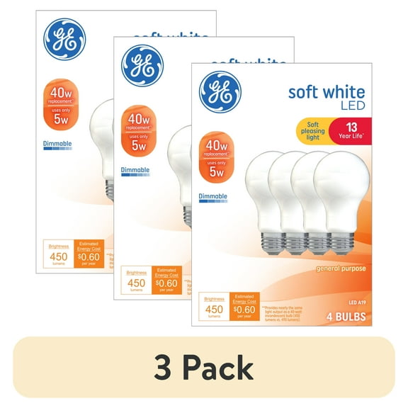 (3 pack) GE LED Light Bulbs, 40 Watts, Soft White, A19 Bulbs, Medium Base, Frosted Finish, 13yr, 4pk