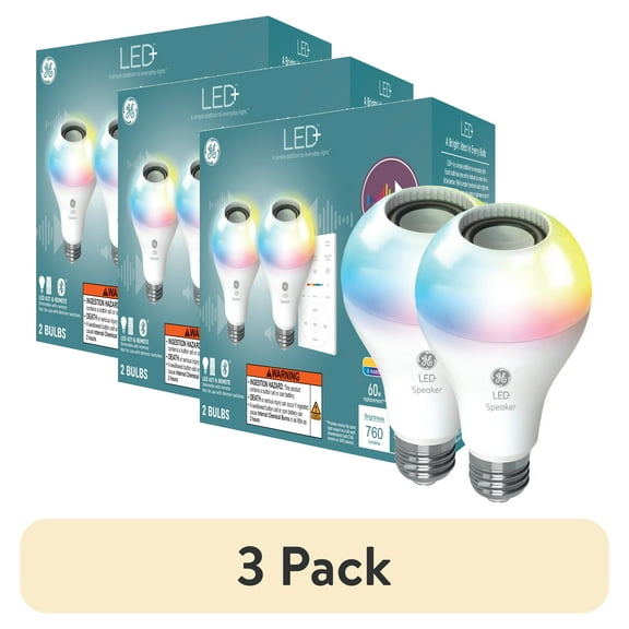 (3 pack) GE LED+ Speaker LED Light Bulb, Color Changing, 60 Watt, A21 Bulbs, Medium Base, 2pk