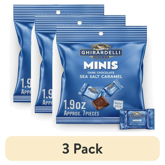 (3 pack) GHIRARDELLI Dark Chocolate Candy Minis with Sea Salt Caramel Filling, 1.9 oz Pouch