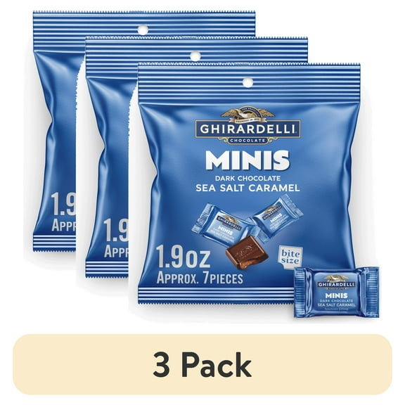 (3 pack) GHIRARDELLI Dark Chocolate Candy Minis with Sea Salt Caramel Filling, 1.9 oz Pouch