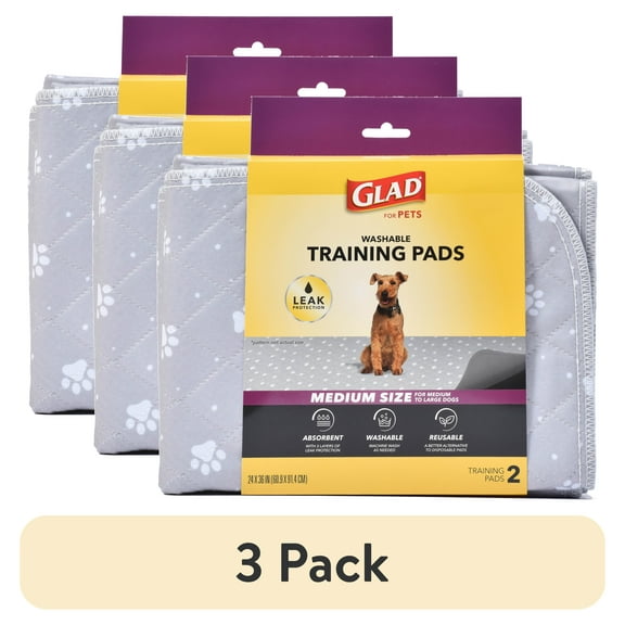 (3 pack) GLAD for Pets Washable Training Pads Medium Size 24”x36” 2 Pack Gray 3 Layers Protection and No Slip Grip Vinyl Bottom