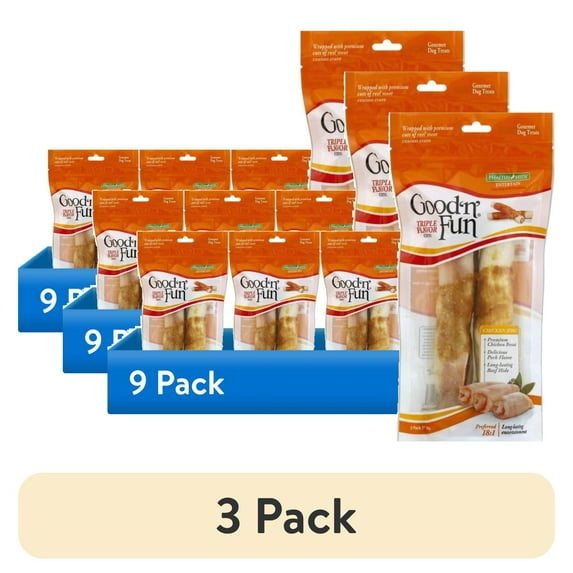 (3 pack) Good ’n’ Fun Triple Flavor Chews, 7 Inch Rolls, Rawhide Chews for Dogs, 2 Count