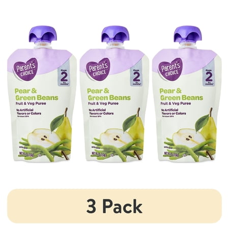 (3 pack) Parent's Choice Stage 2 Baby Food Pear and Green Beans Puree, 4 oz Pouch
