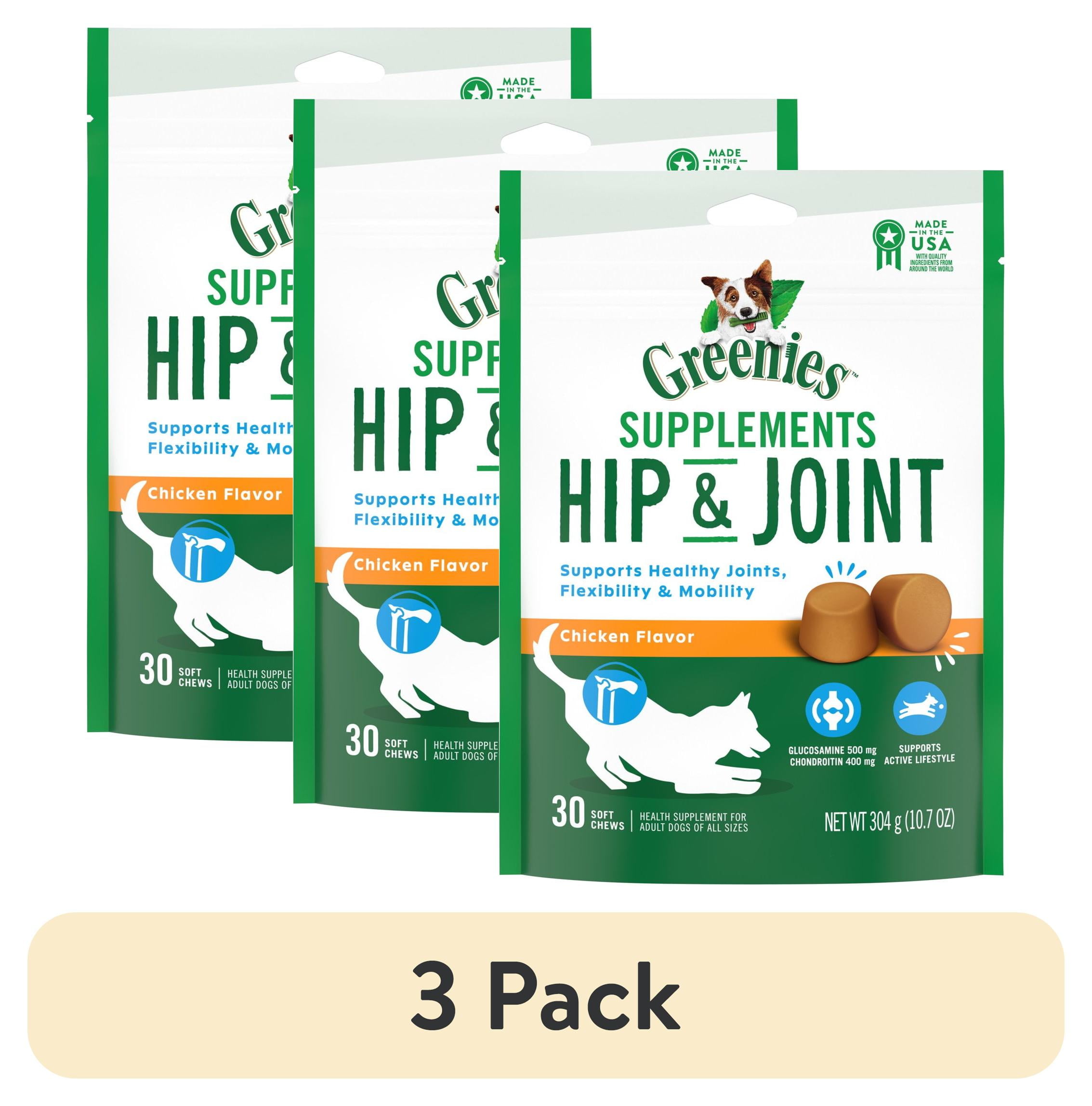 (3 pack) Greenies Hip and Joint Supplement Soft Chews for Dogs, Chicken Flavor, 30 Count Pouch