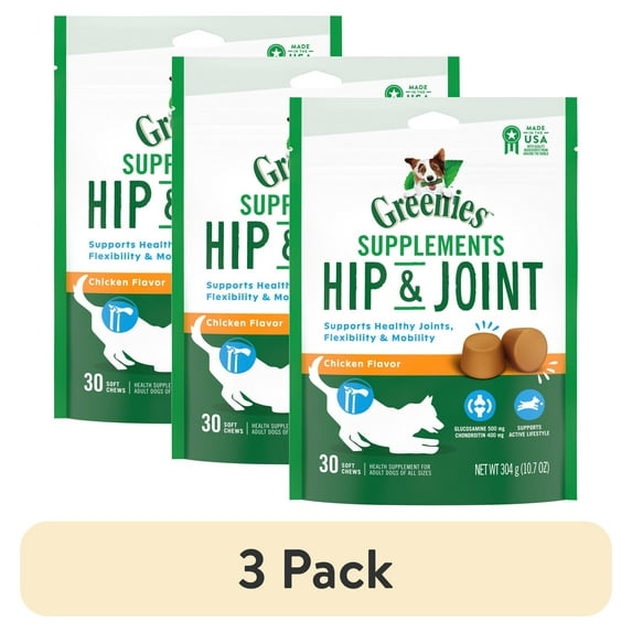 (3 pack) GREENIES Dog Supplements Chicken Flavor Soft Chew Treats for Hip & Joint Care for Adult Dogs All Sizes, 10.7 Ounces Pouch