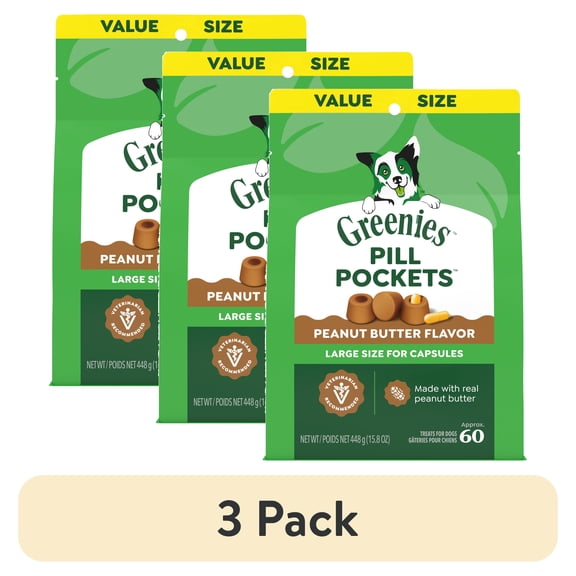 (3 pack) GREENIES PILL POCKETS Peanut Butter Flavor Natural Capsule Treats for Dogs All Sizes, 15.8 oz. Pack (60 Treats)