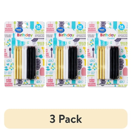 (3 pack) Great Value Metallic Gold, White & Black Birthday Candles, 24 Count