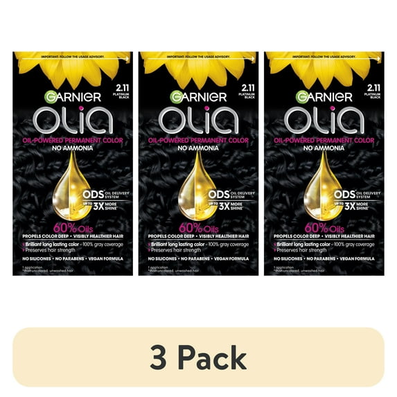 (3 pack) Garnier Olia Oil Powered Permanent Hair Color, 2.11 Platinum Black