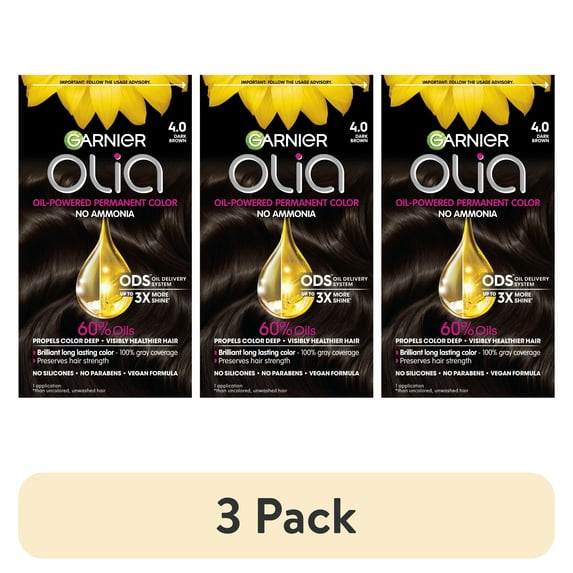 (3 pack) Garnier Olia Oil Powered Permanent Hair Color, 4.0 Dark Brown