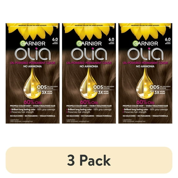 (3 pack) Garnier Olia Oil Powered Permanent Hair Color, 6.0 Light Brown