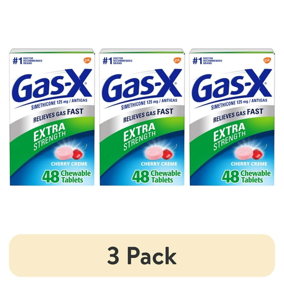 (3 pack) Gas-X Extra Strength Chewable Gas Relief Tablets With Simethicone 125 Mg, Cherry - 48 Count
