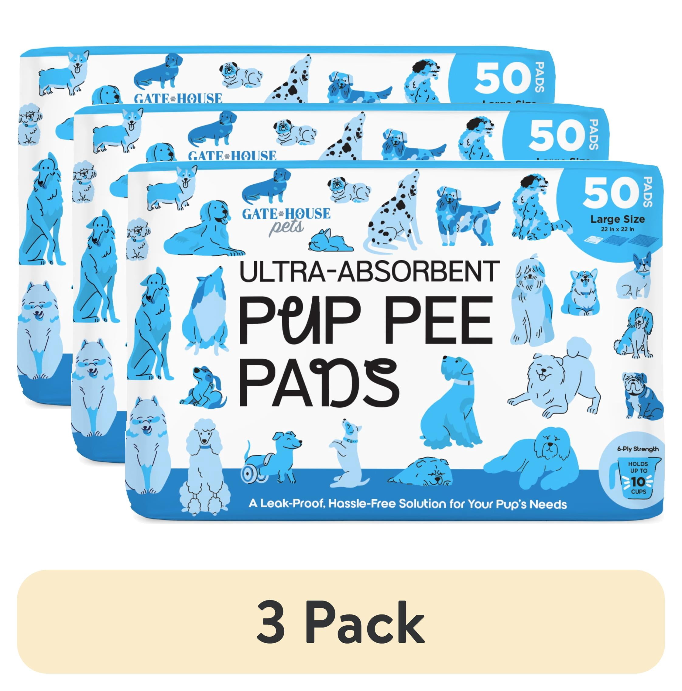 (3 pack) Gatehouse Large Ultra Absorbent Pup Pee Pads, Dog and Puppy Training Pads with Adhesive Corners, 22"x 22", 50 Count