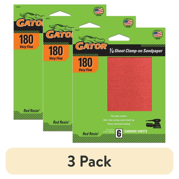 (3 pack) Gator 1/4 in 180 Grit Red Resin Sandpaper, 6 Pack