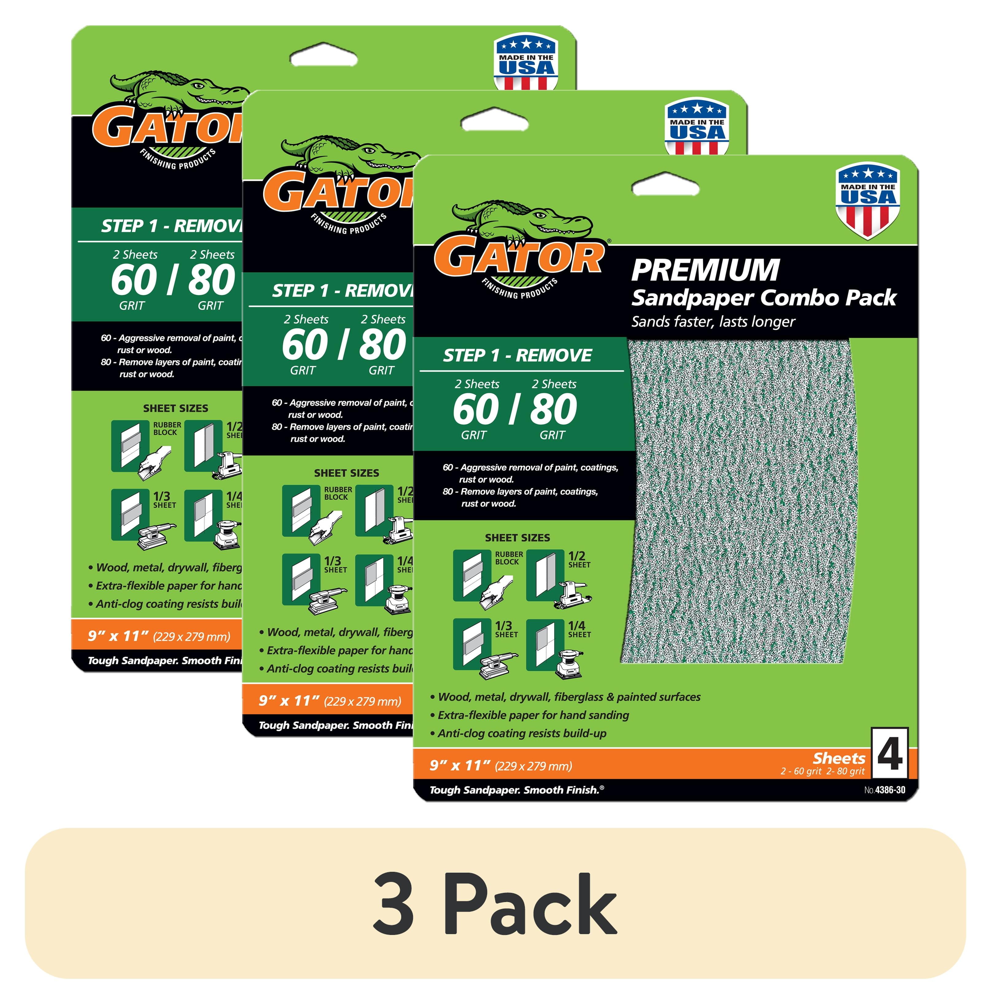 (3 pack) Gator 438630 9 in x 11 in 60/80 Grit Premium Sandpaper Combo Pack, 4 Pieces