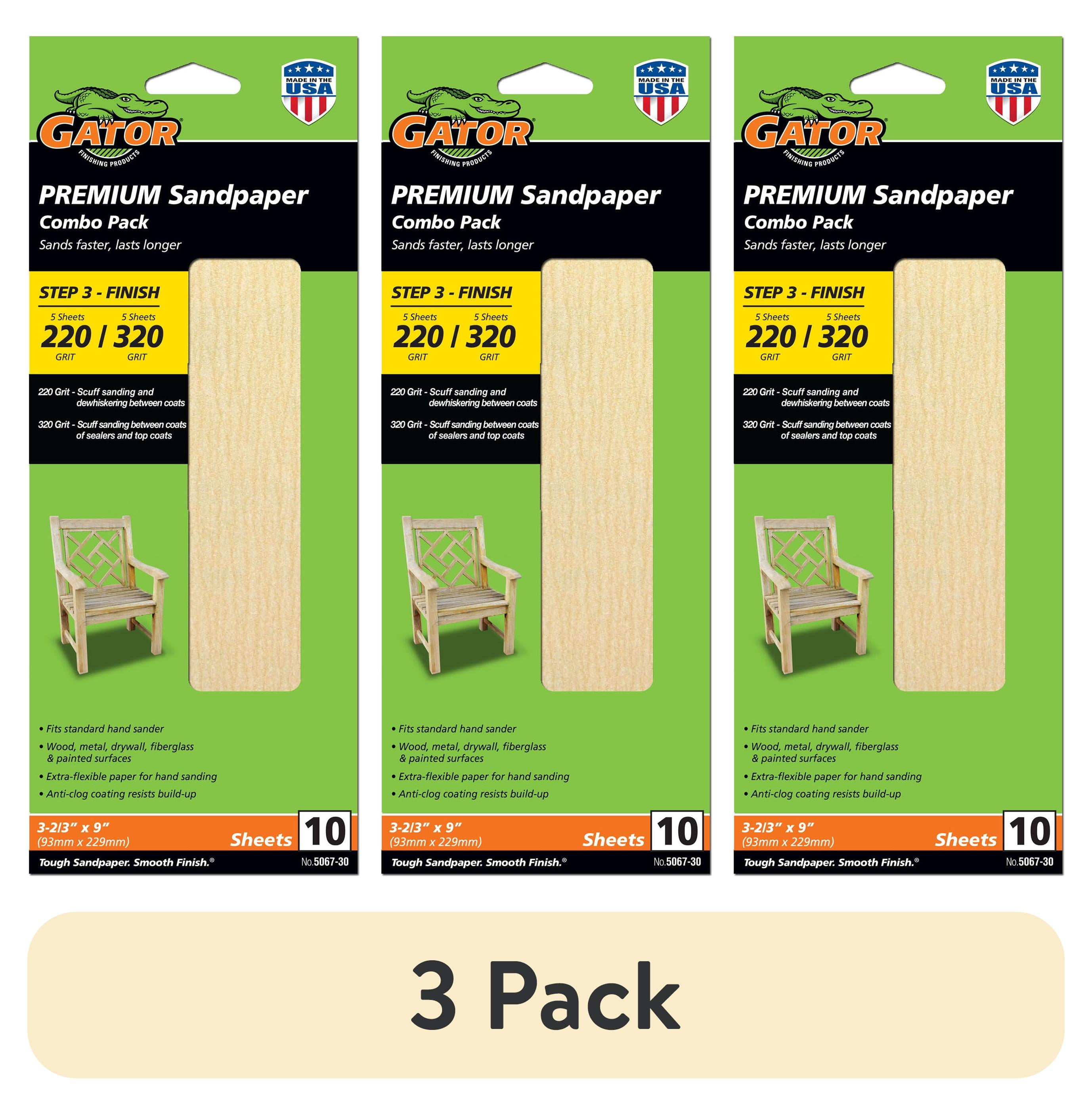 (3 pack) Gator 506730 3-2/3 in x 9 in 220/320 Grit Premium Sandpaper Combo Pack, 10 Pieces