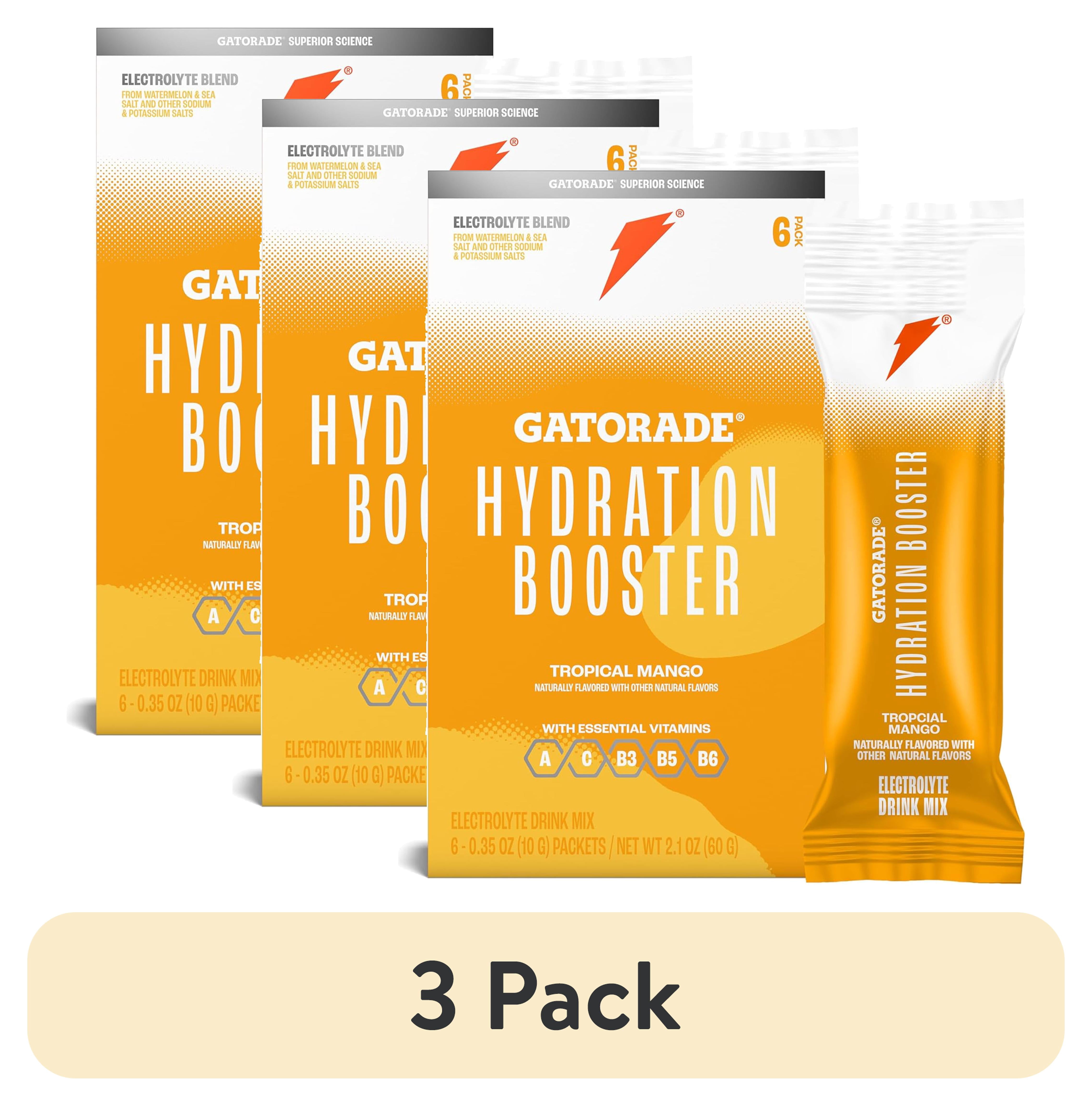 (3 pack) Gatorade Hydration Booster Electrolyte Drink Mix Powder, Tropical Mango, 2.1 oz, 6 pack, 0.35 oz