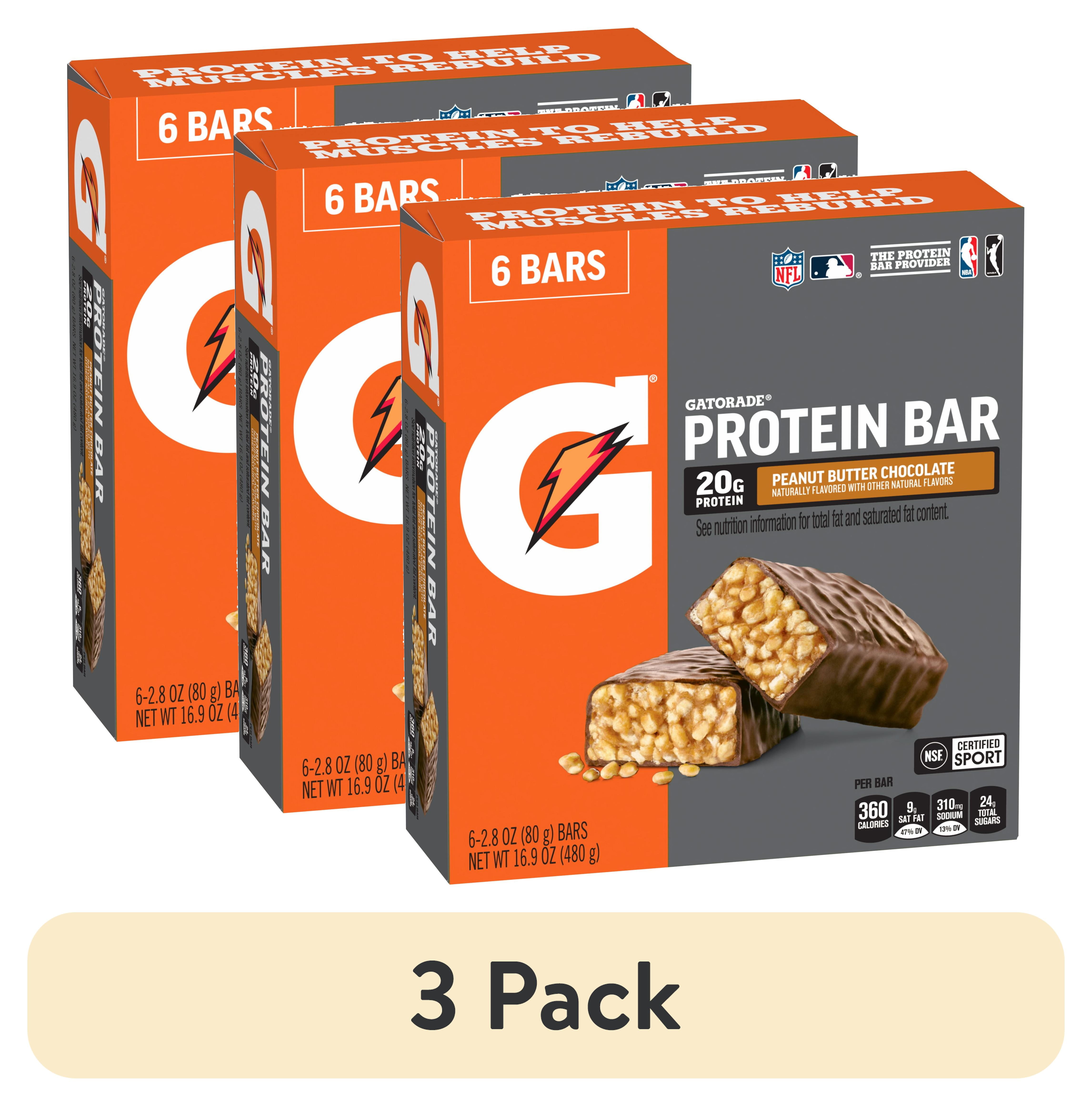(3 pack) Gatorade Protein Bars, Peanut Butter Chocolate, 20g Protein, 6 Bars