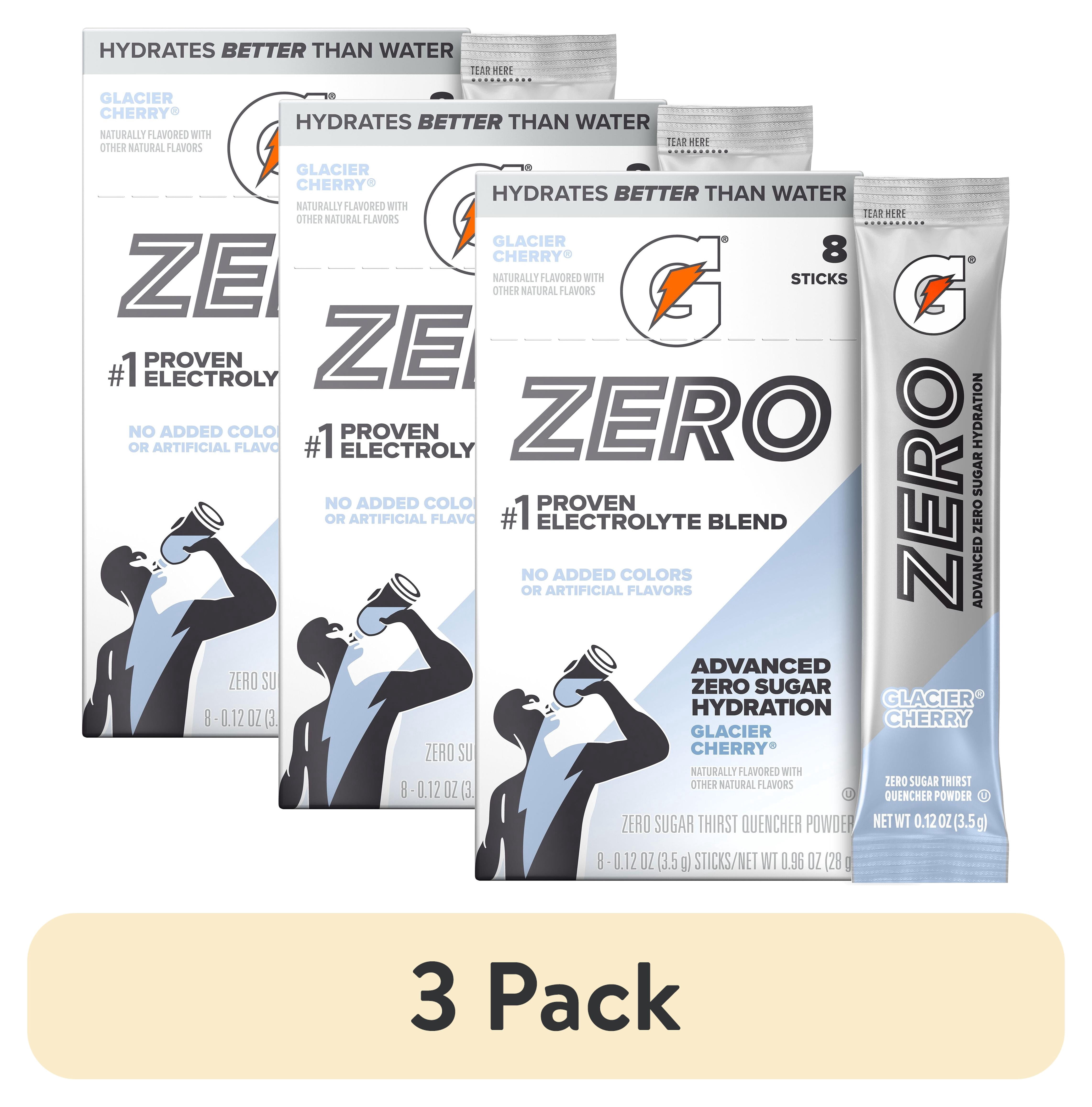 (3 pack) Gatorade Zero Sugar Glacier Cherry, On the Go Packs, Electrolyte Powder Drink Mix, 0.12 oz, 8 sticks