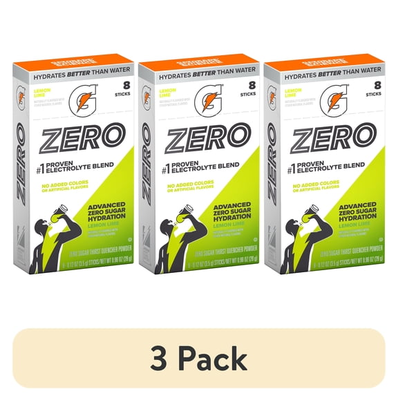(3 pack) Gatorade Zero Sugar Lemon Lime, On the Go Packs, Electrolyte Powder Drink Mix, 0.12 oz, 8 Sticks