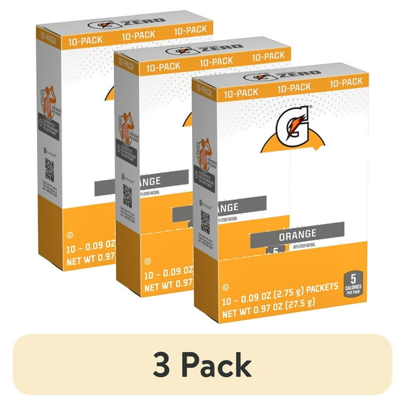 (3 pack) Gatorade G Zero Sports Drink Orange Flavoured, Powdered Energy Drink Mix, 0.9 oz, 10 Count Packets