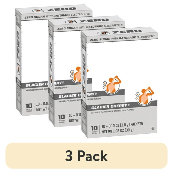 (3 pack) Gatorade G Zero Sports Drink Glacier Cherry, Powdered Energy Drink Mix, 0.10 oz,  10 Count Packets