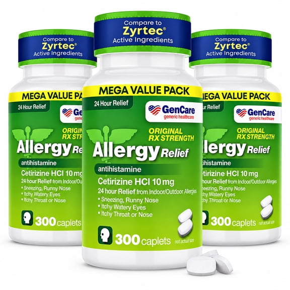 (3 pack) GenCare 24 Hour Allergy Relief Tablets Antihistamine Cetirizine HCl 10 mg, 300 Caplets