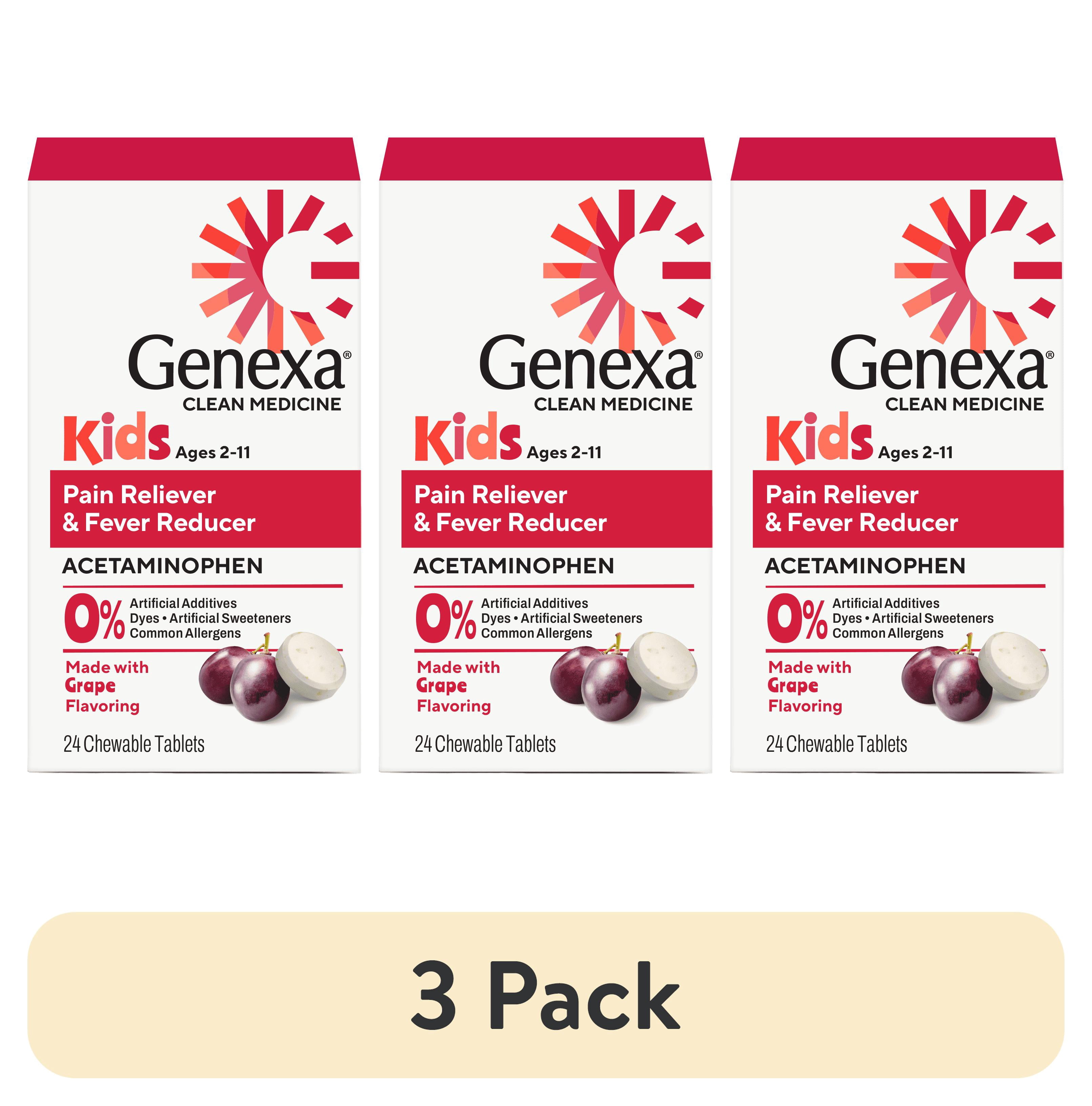 (3 pack) Genexa Kids’ Clean Pain & Fever Acetaminophen Chewables, Dye Free, Grape, 24 ct