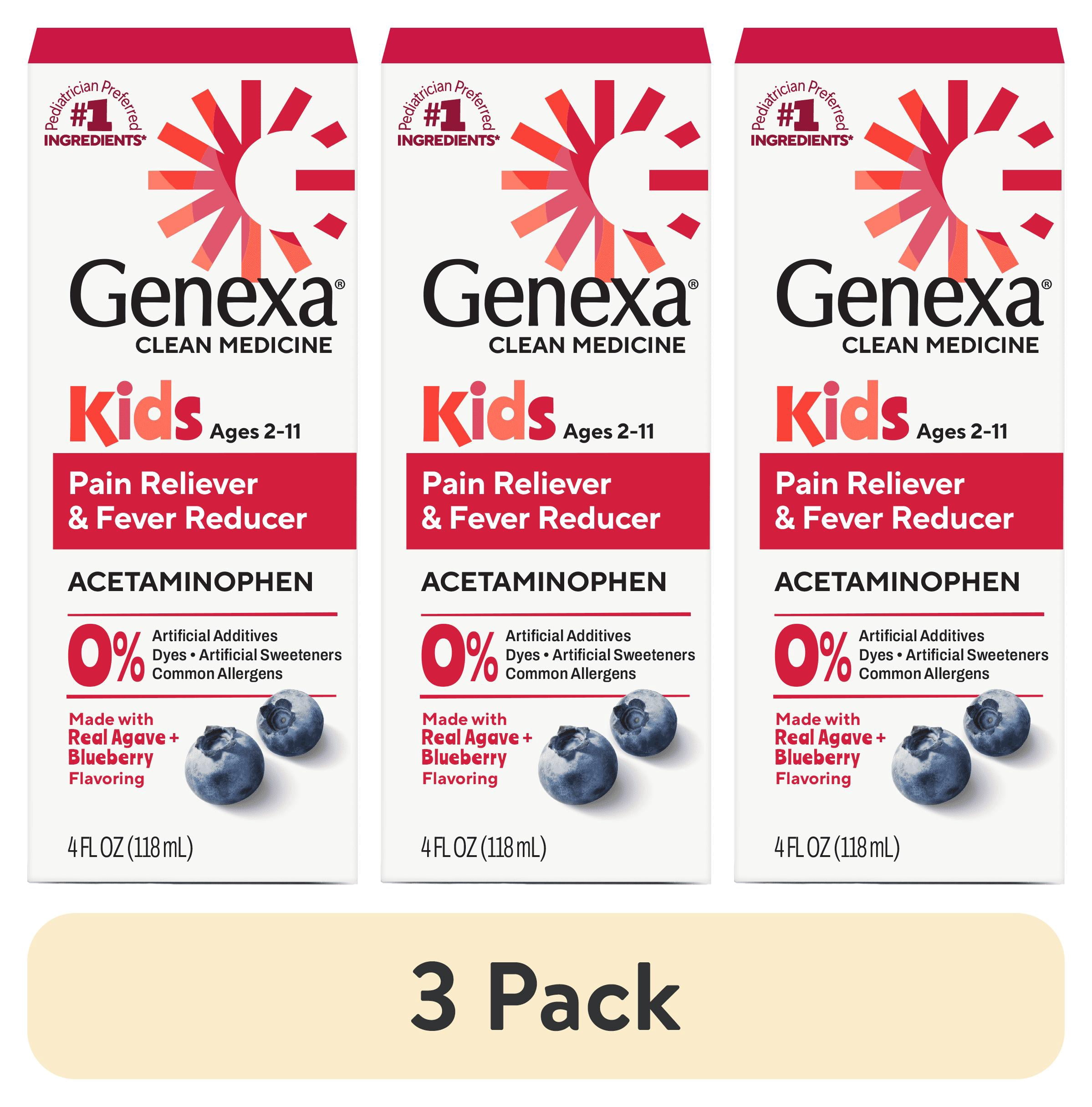 (3 pack) Genexa Kids’ Clean Pain & Fever Acetaminophen, Dye Free, Organic Blueberry, 4 fl oz